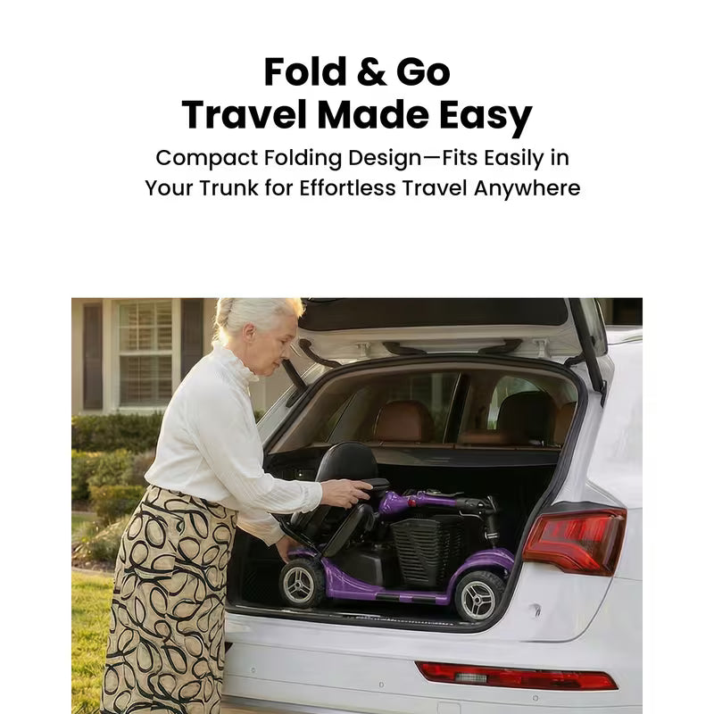 Foldable 4-wheel mobility scooter for seniors: 200W motor, 15.5-mile range, lightweight and portable travel scooter featuring 9-inch tires and a storage basket.