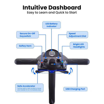 Foldable 4-wheel mobility scooter for seniors: 200W motor, 15.5-mile range, lightweight and portable travel scooter featuring 9-inch tires and a storage basket.