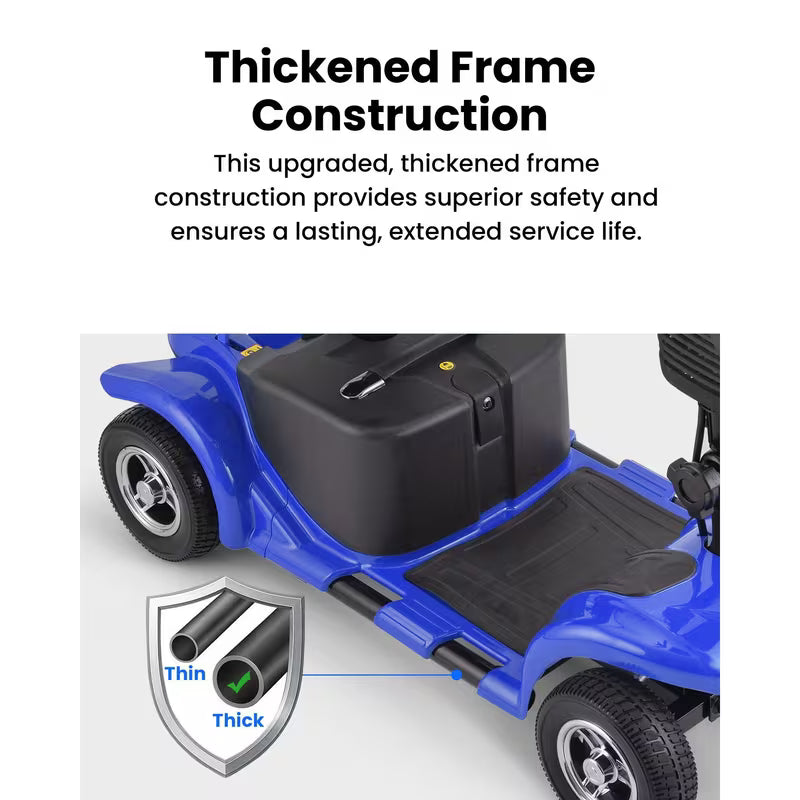 Foldable 4-wheel mobility scooter for seniors: 200W motor, 15.5-mile range, lightweight and portable travel scooter featuring 9-inch tires and a storage basket.