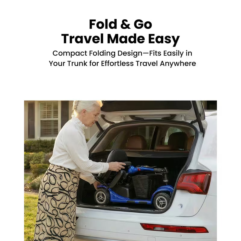 Foldable 4-wheel mobility scooter for seniors: 200W motor, 15.5-mile range, lightweight and portable travel scooter featuring 9-inch tires and a storage basket.