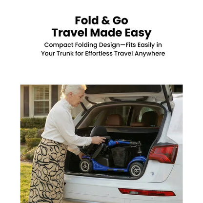 Foldable 4-wheel mobility scooter for seniors: 200W motor, 15.5-mile range, lightweight and portable travel scooter featuring 9-inch tires and a storage basket.