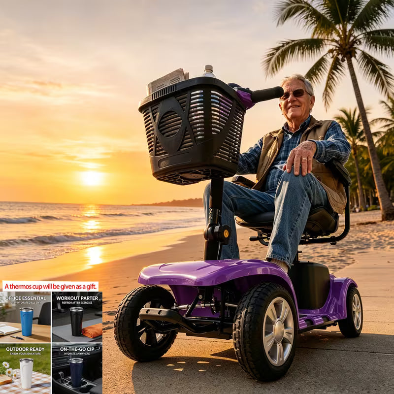 Foldable 4-wheel mobility scooter for seniors: 200W motor, 15.5-mile range, lightweight and portable travel scooter featuring 9-inch tires and a storage basket.