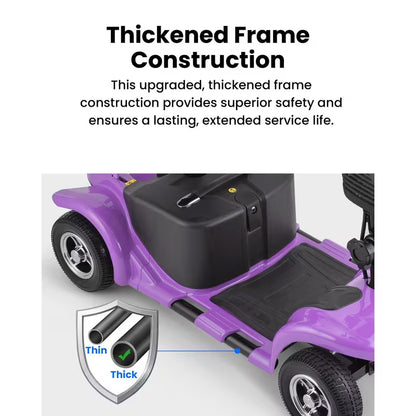 Foldable 4-wheel mobility scooter for seniors: 200W motor, 15.5-mile range, lightweight and portable travel scooter featuring 9-inch tires and a storage basket.