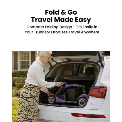 Foldable 4-wheel mobility scooter for seniors: 200W motor, 15.5-mile range, lightweight and portable travel scooter featuring 9-inch tires and a storage basket.