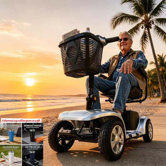Foldable 4-wheel mobility scooter for seniors: 200W motor, 15.5-mile range, lightweight and portable travel scooter featuring 9-inch tires and a storage basket.