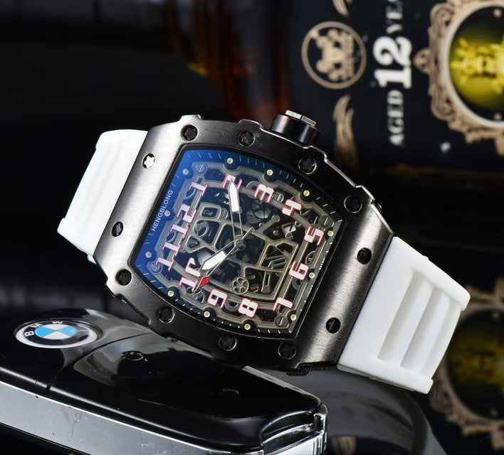 Richard Mille white carbon fiber sports watch—skeletonized dial and blue rubber strap