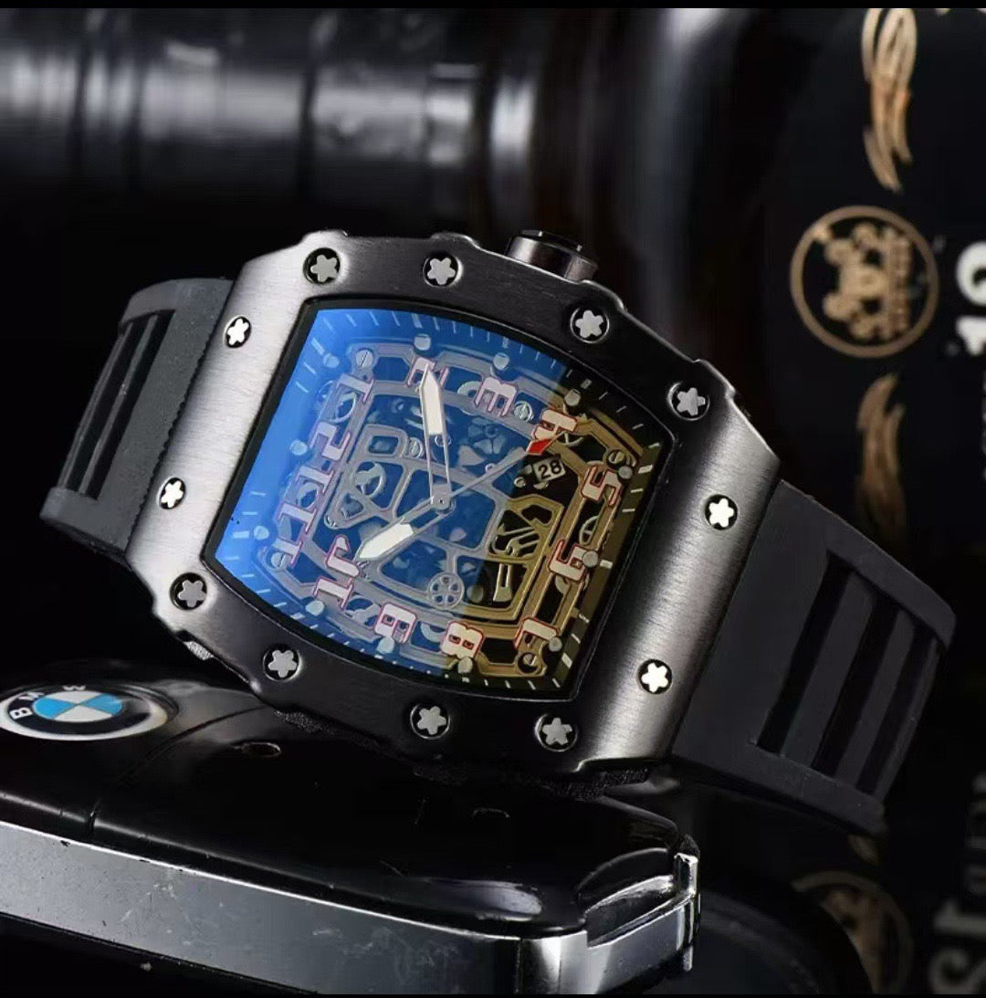 Richard Mille white carbon fiber sports watch—skeletonized dial and blue rubber strap