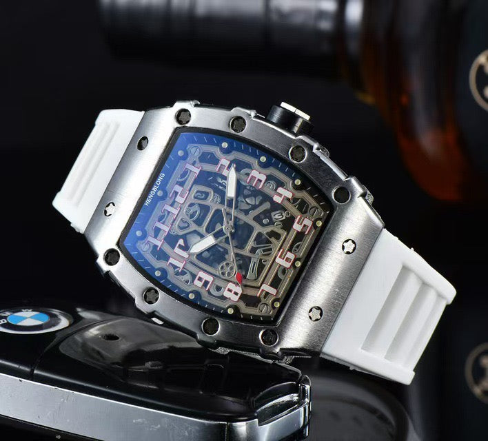 Richard Mille white carbon fiber sports watch—skeletonized dial and blue rubber strap