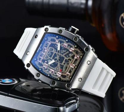 Richard Mille white carbon fiber sports watch—skeletonized dial and blue rubber strap