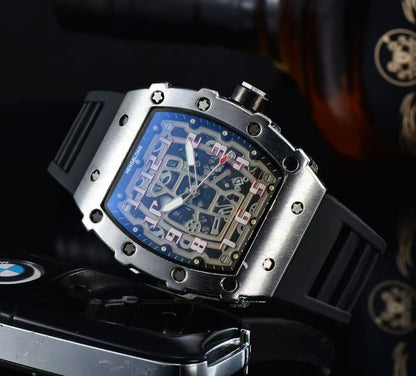 Richard Mille white carbon fiber sports watch—skeletonized dial and blue rubber strap