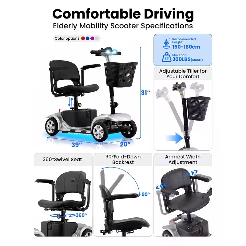 Foldable 4-wheel mobility scooter for seniors: 200W motor, 15.5-mile range, lightweight and portable travel scooter featuring 9-inch tires and a storage basket.