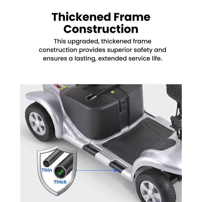 Foldable 4-wheel mobility scooter for seniors: 200W motor, 15.5-mile range, lightweight and portable travel scooter featuring 9-inch tires and a storage basket.