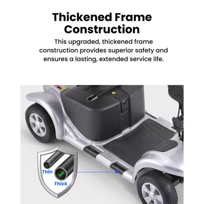 Foldable 4-wheel mobility scooter for seniors: 200W motor, 15.5-mile range, lightweight and portable travel scooter featuring 9-inch tires and a storage basket.