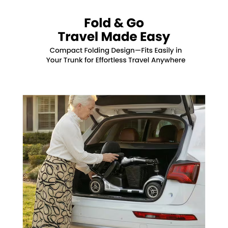Foldable 4-wheel mobility scooter for seniors: 200W motor, 15.5-mile range, lightweight and portable travel scooter featuring 9-inch tires and a storage basket.
