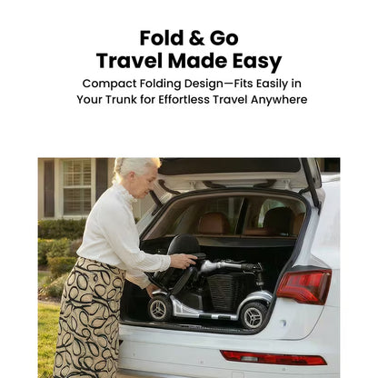 Foldable 4-wheel mobility scooter for seniors: 200W motor, 15.5-mile range, lightweight and portable travel scooter featuring 9-inch tires and a storage basket.