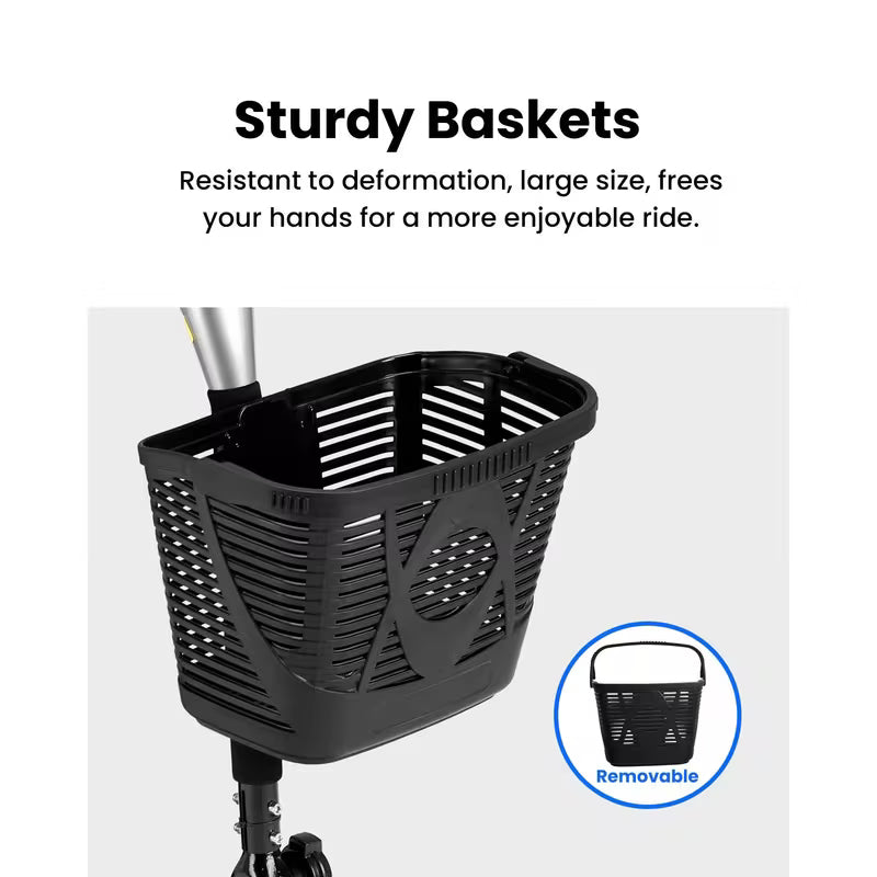 Foldable 4-wheel mobility scooter for seniors: 200W motor, 15.5-mile range, lightweight and portable travel scooter featuring 9-inch tires and a storage basket.