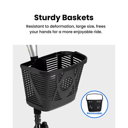 Foldable 4-wheel mobility scooter for seniors: 200W motor, 15.5-mile range, lightweight and portable travel scooter featuring 9-inch tires and a storage basket.