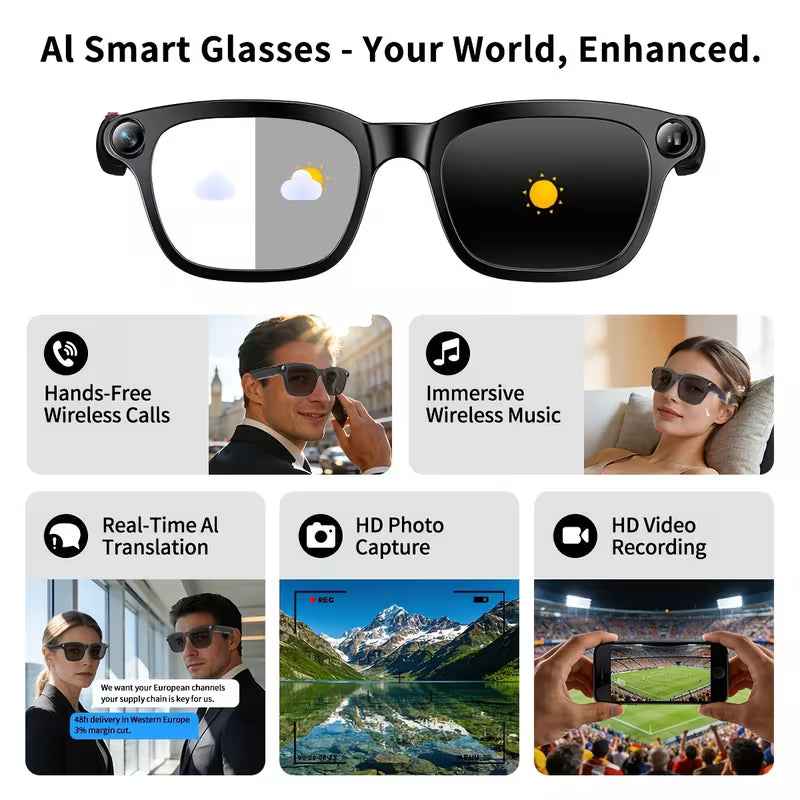 AI Smart Glasses – 8MP Camera, Real-Time Translation & Voice Assistant