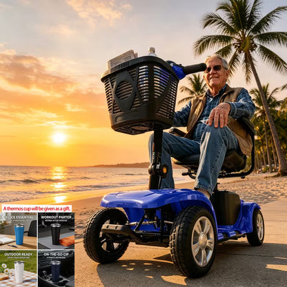 Foldable 4-wheel mobility scooter for seniors: 200W motor, 15.5-mile range, lightweight and portable travel scooter featuring 9-inch tires and a storage basket.