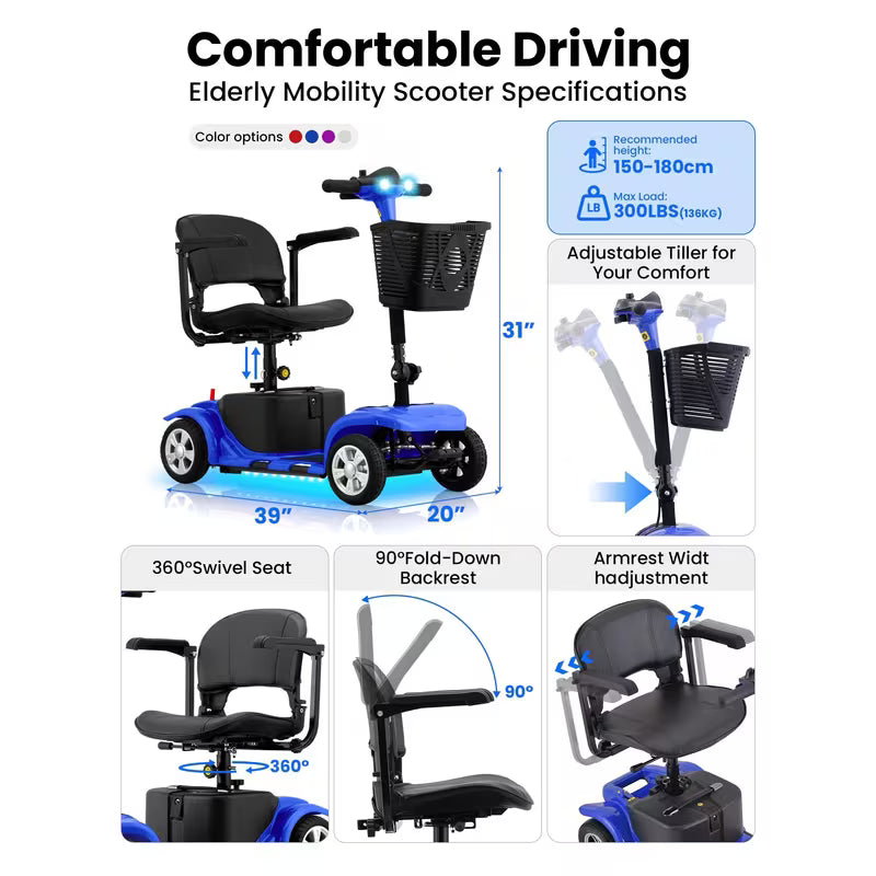Foldable 4-wheel mobility scooter for seniors: 200W motor, 15.5-mile range, lightweight and portable travel scooter featuring 9-inch tires and a storage basket.