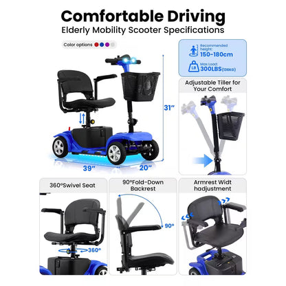 Foldable 4-wheel mobility scooter for seniors: 200W motor, 15.5-mile range, lightweight and portable travel scooter featuring 9-inch tires and a storage basket.